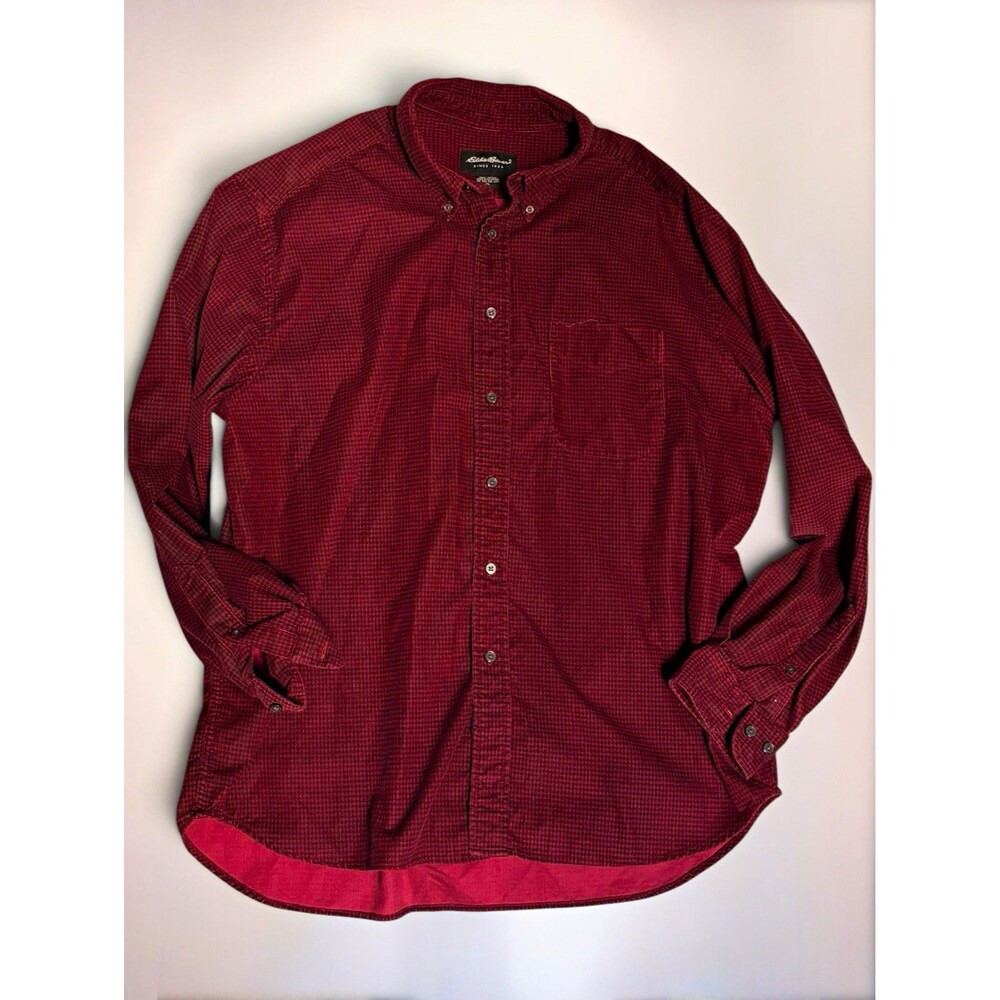 Eddie Bauer Men's XL Red Check Woven Cotton Button-Up Shirt Button-Down Pockets